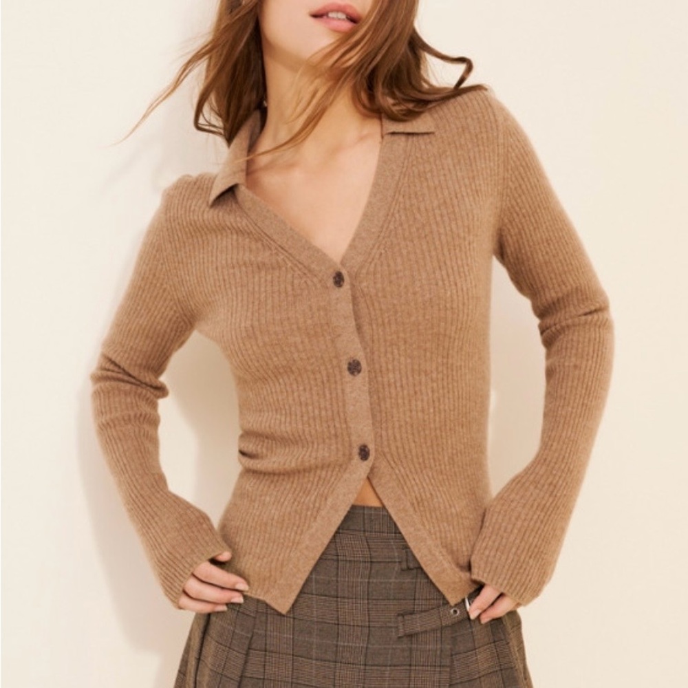 NAADAM Tan Ribbed Button-Up Cardigan